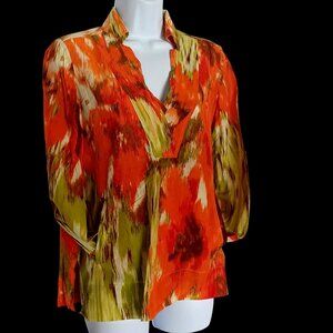Talbots Cotton Silk Abstract Watercolor Tunic Blouse Orange Green V-Neck Wms10P
